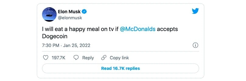 Elon Musk thúc giục McDonald’s nhận thanh toán bằng Dogecoin